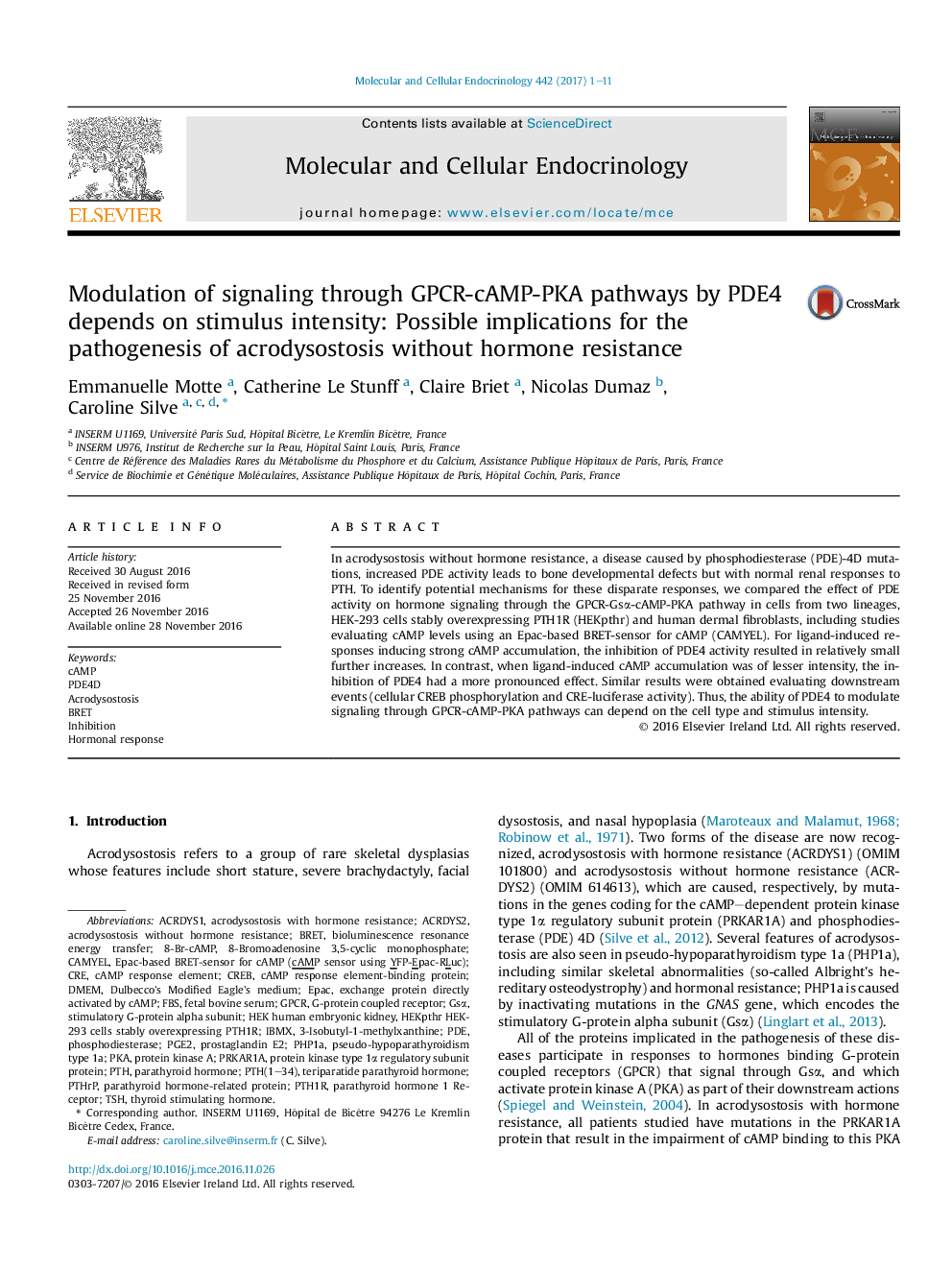 Modulation of signaling through GPCR-cAMP-PKA pathways by PDE4 depends on stimulus intensity: Possible implications for the pathogenesis of acrodysostosis without hormone resistance