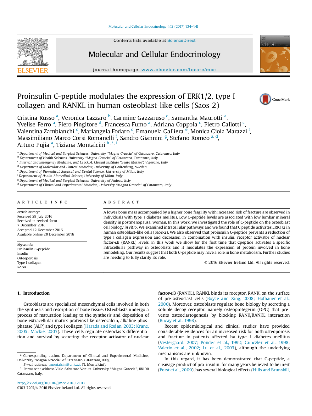 Proinsulin C-peptide modulates the expression of ERK1/2, type I collagen and RANKL in human osteoblast-like cells (Saos-2)