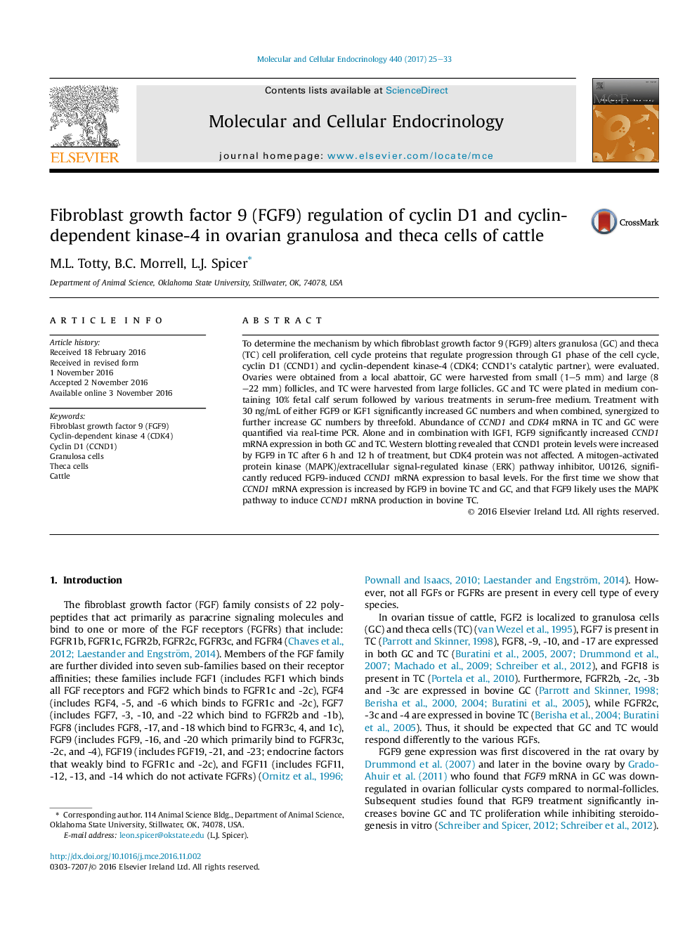 Fibroblast growth factor 9 (FGF9) regulation of cyclin D1 and cyclin-dependent kinase-4 in ovarian granulosa and theca cells of cattle