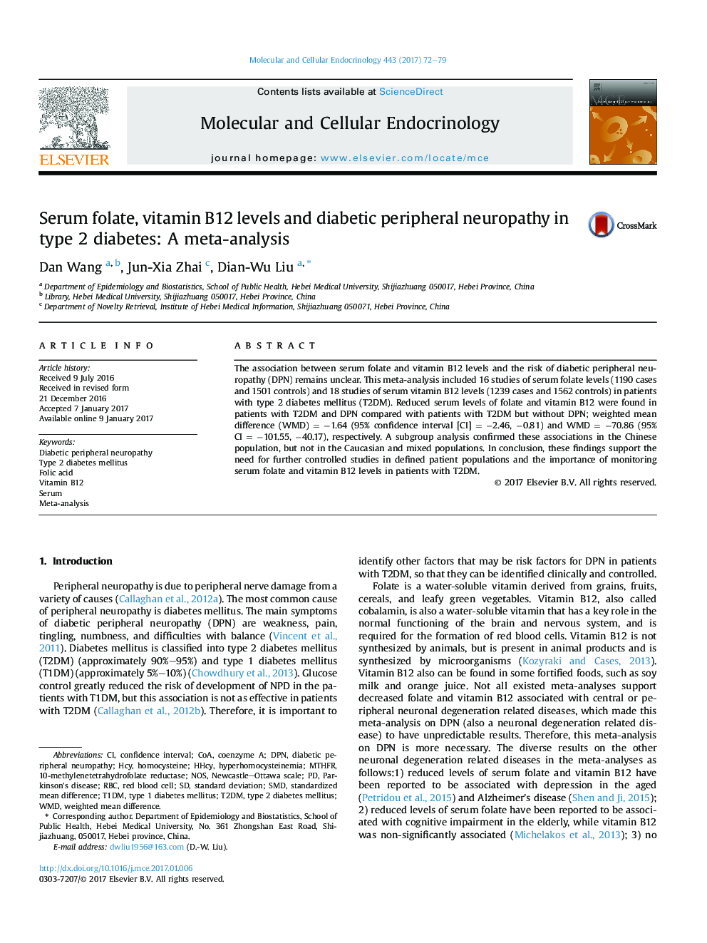 Serum folate, vitamin B12 levels and diabetic peripheral neuropathy in type 2 diabetes: A meta-analysis