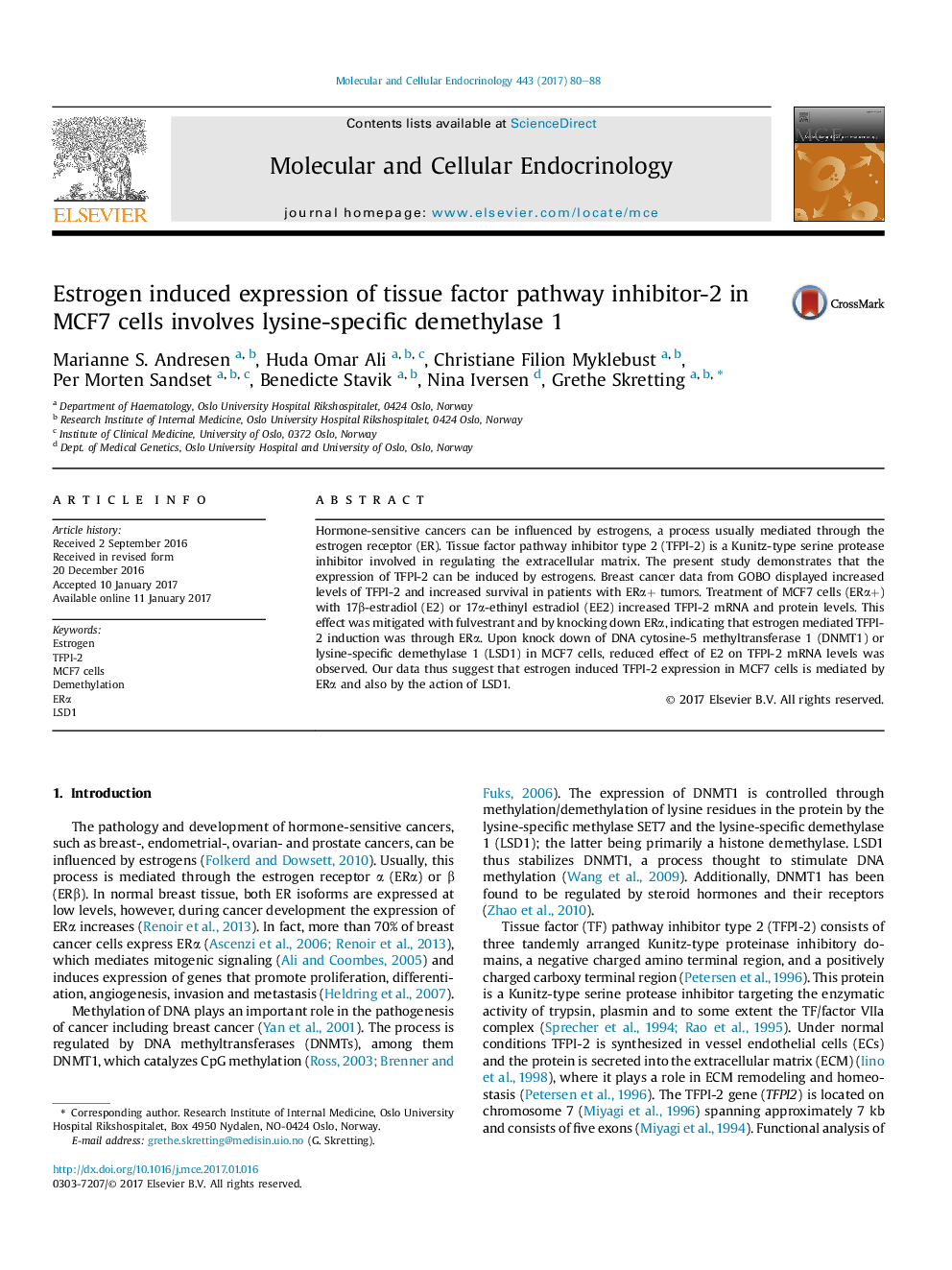 Estrogen induced expression of tissue factor pathway inhibitor-2 in MCF7 cells involves lysine-specific demethylase 1