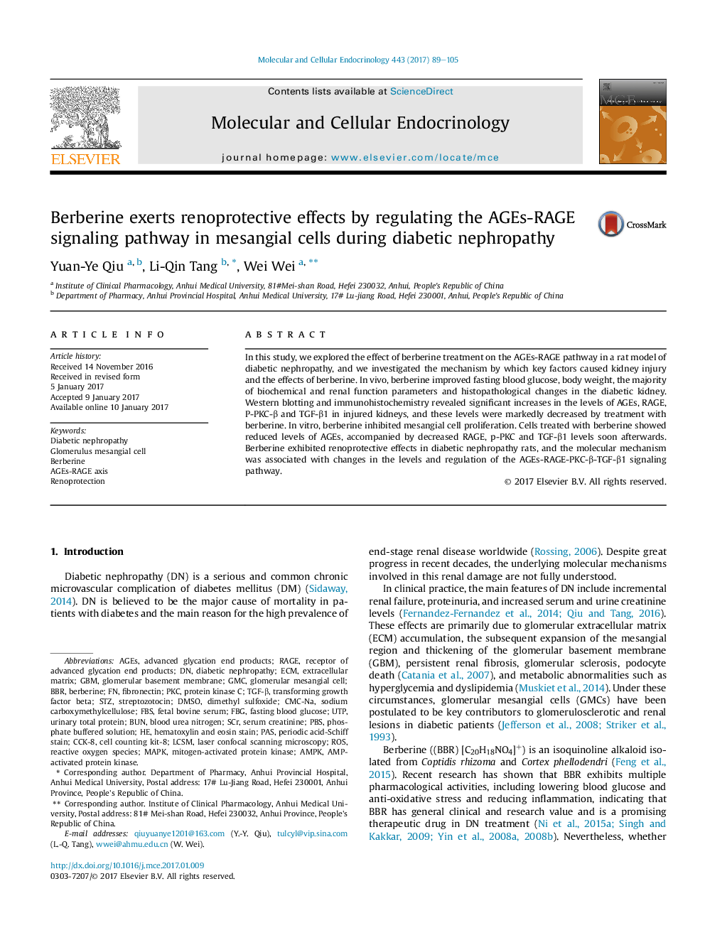 Berberine exerts renoprotective effects by regulating the AGEs-RAGE signaling pathway in mesangial cells during diabetic nephropathy