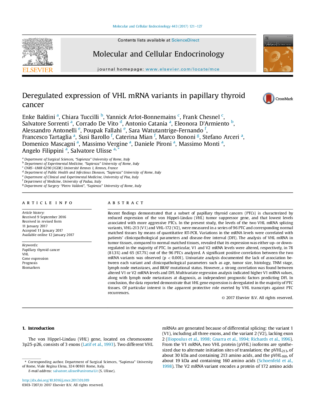 Deregulated expression of VHL mRNA variants in papillary thyroid cancer