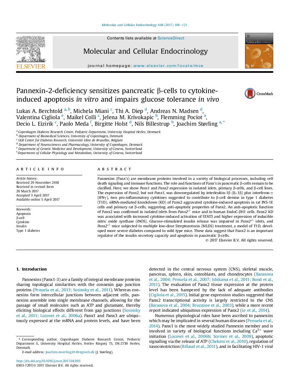 Pannexin-2-deficiency sensitizes pancreatic Î²-cells to cytokine-induced apoptosis inÂ vitro and impairs glucose tolerance inÂ vivo