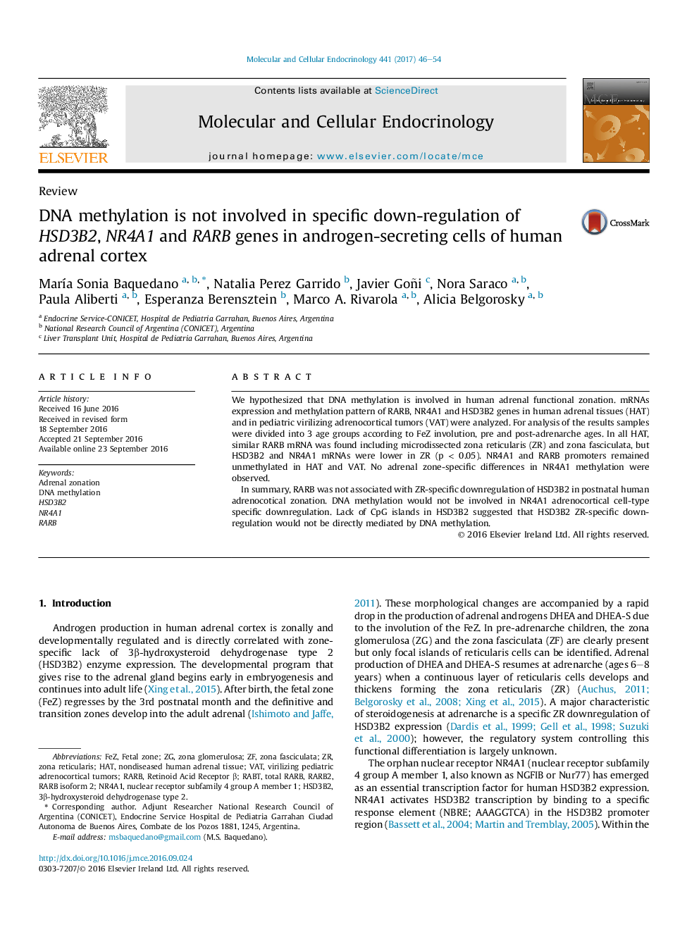 ReviewDNA methylation is not involved in specific down-regulation of HSD3B2, NR4A1 and RARB genes in androgen-secreting cells of human adrenal cortex