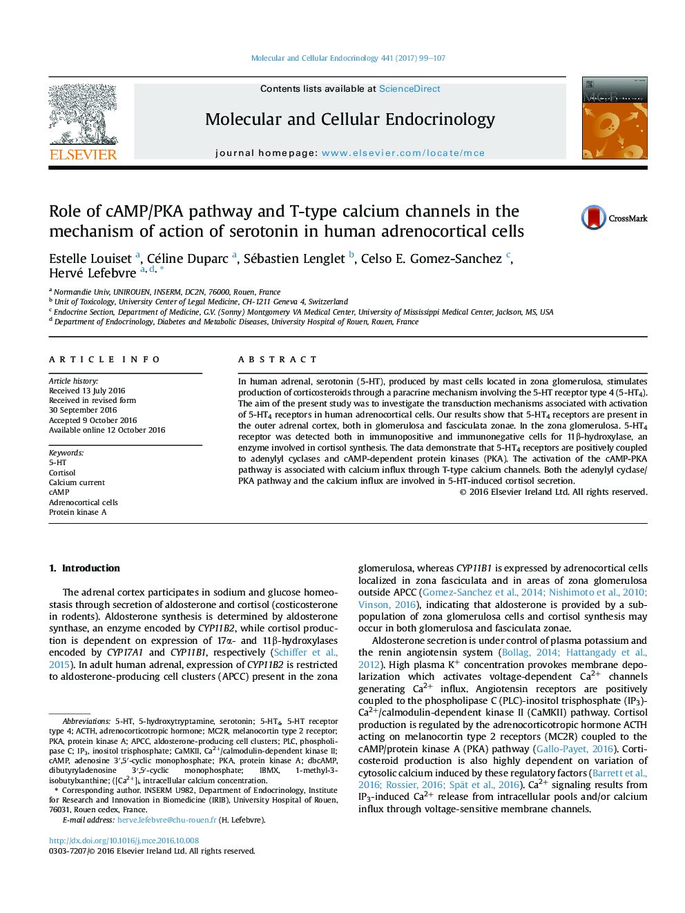 Role of cAMP/PKA pathway and T-type calcium channels in the mechanism of action of serotonin in human adrenocortical cells