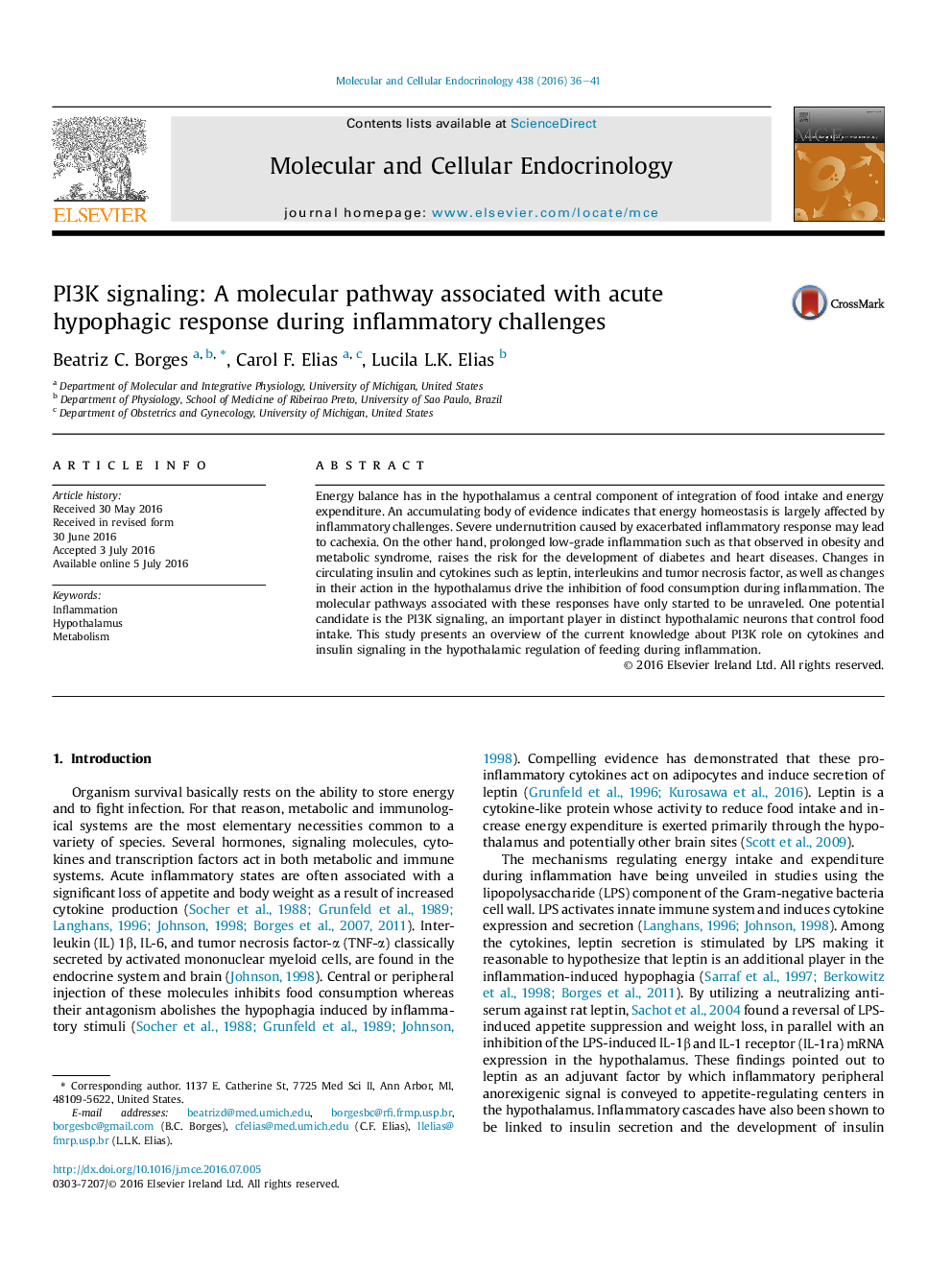 PI3K signaling: A molecular pathway associated with acute hypophagic response during inflammatory challenges