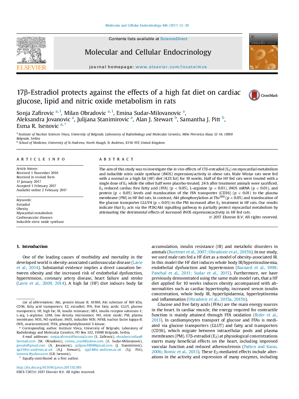 17Î²-Estradiol protects against the effects of a high fat diet on cardiac glucose, lipid and nitric oxide metabolism in rats