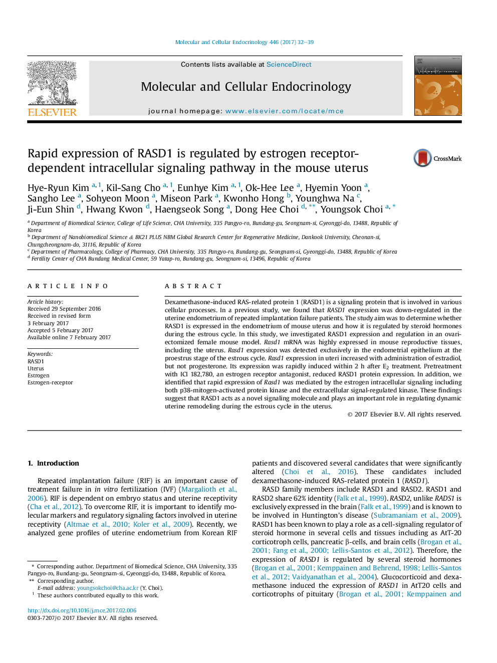 Rapid expression of RASD1 is regulated by estrogen receptor-dependent intracellular signaling pathway in the mouse uterus