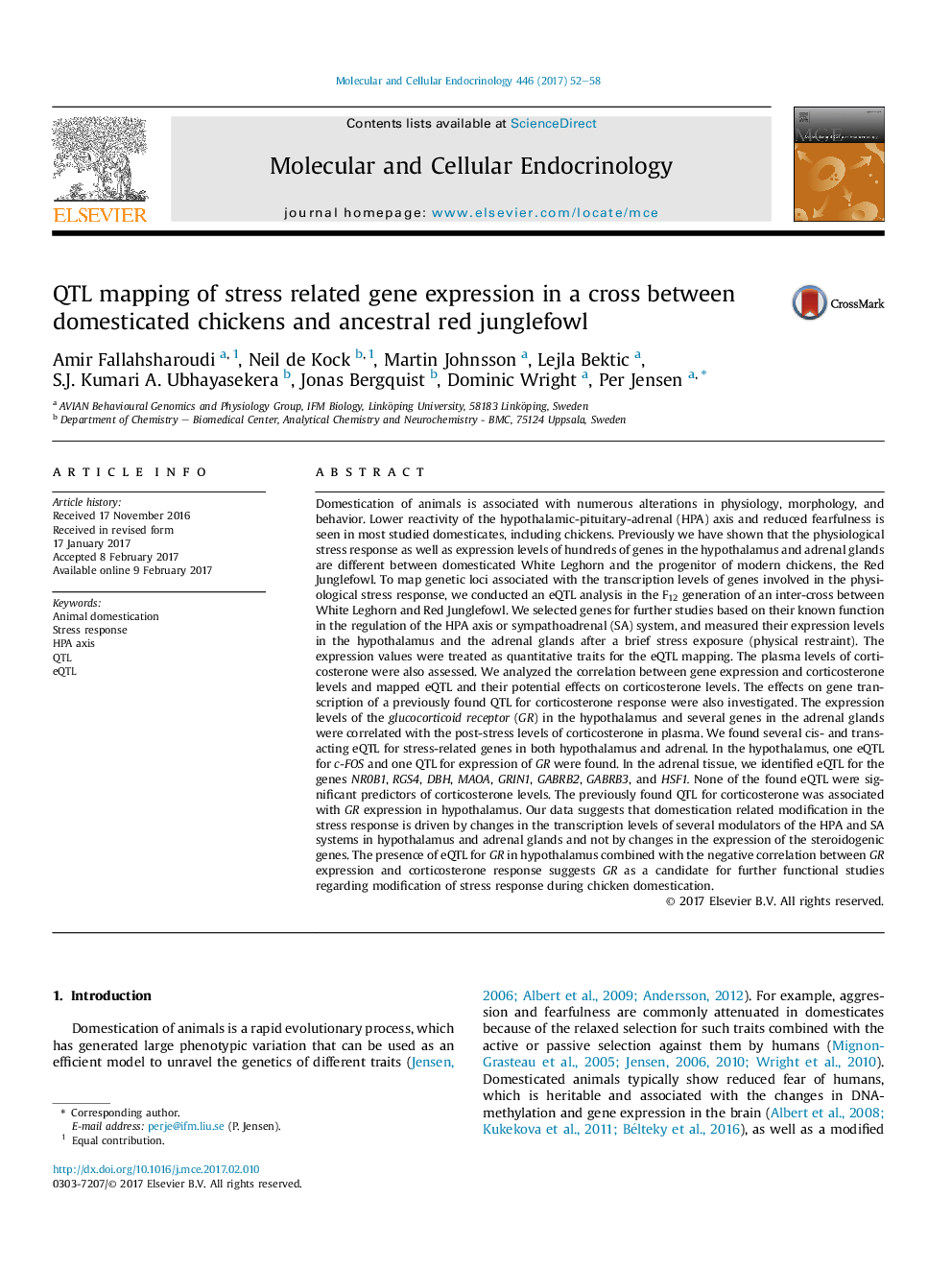 QTL mapping of stress related gene expression in a cross between domesticated chickens and ancestral red junglefowl