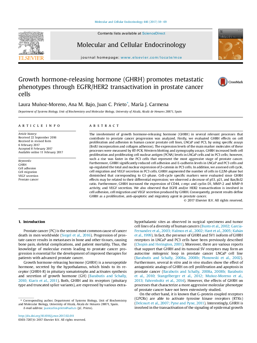 Growth hormone-releasing hormone (GHRH) promotes metastatic phenotypes through EGFR/HER2 transactivation in prostate cancer cells