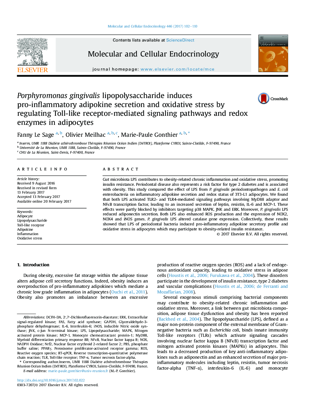 Porphyromonas gingivalis lipopolysaccharide induces pro-inflammatory adipokine secretion and oxidative stress by regulating Toll-like receptor-mediated signaling pathways and redox enzymes in adipocytes