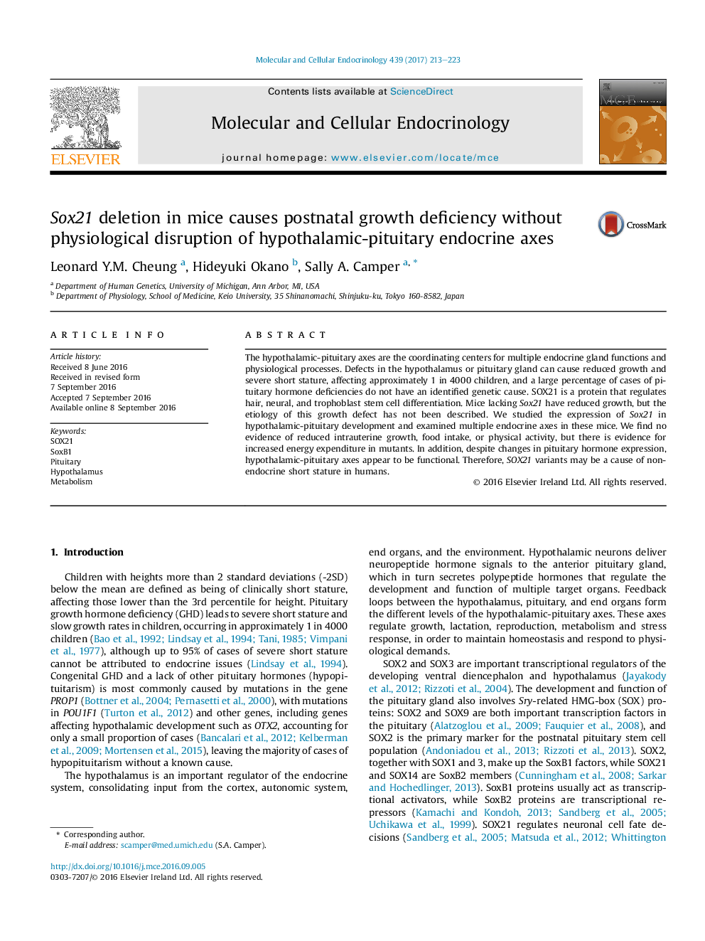 Sox21 deletion in mice causes postnatal growth deficiency without physiological disruption of hypothalamic-pituitary endocrine axes