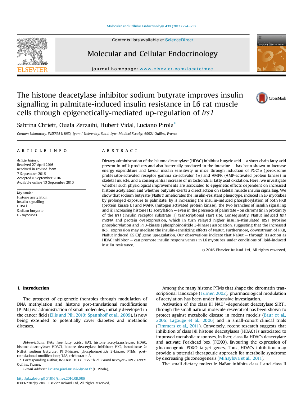 The histone deacetylase inhibitor sodium butyrate improves insulin signalling in palmitate-induced insulin resistance in L6 rat muscle cells through epigenetically-mediated up-regulation of Irs1