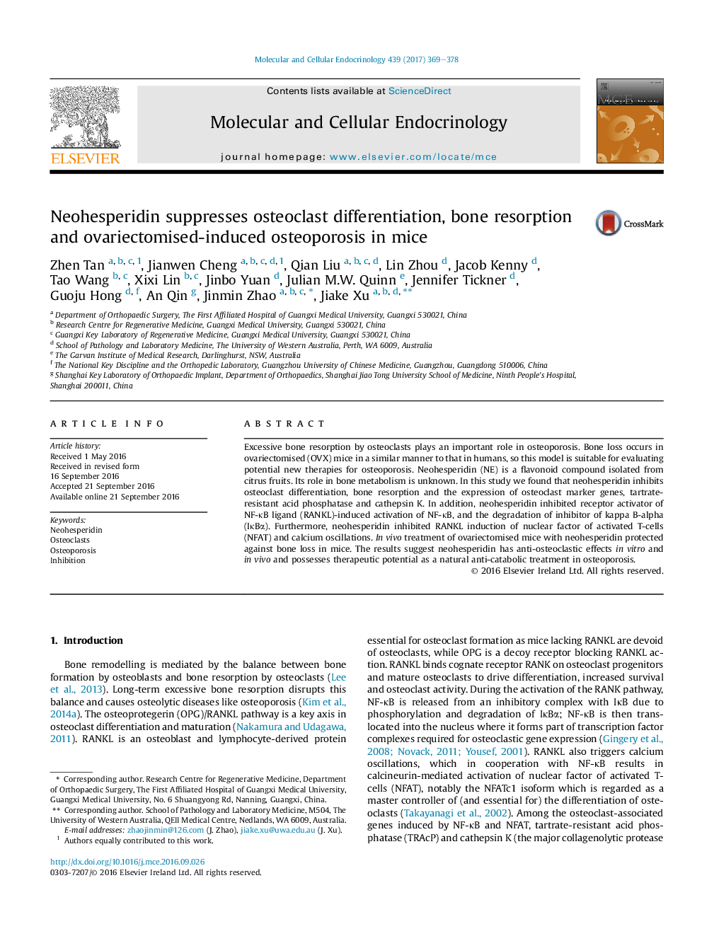 Neohesperidin suppresses osteoclast differentiation, bone resorption and ovariectomised-induced osteoporosis in mice