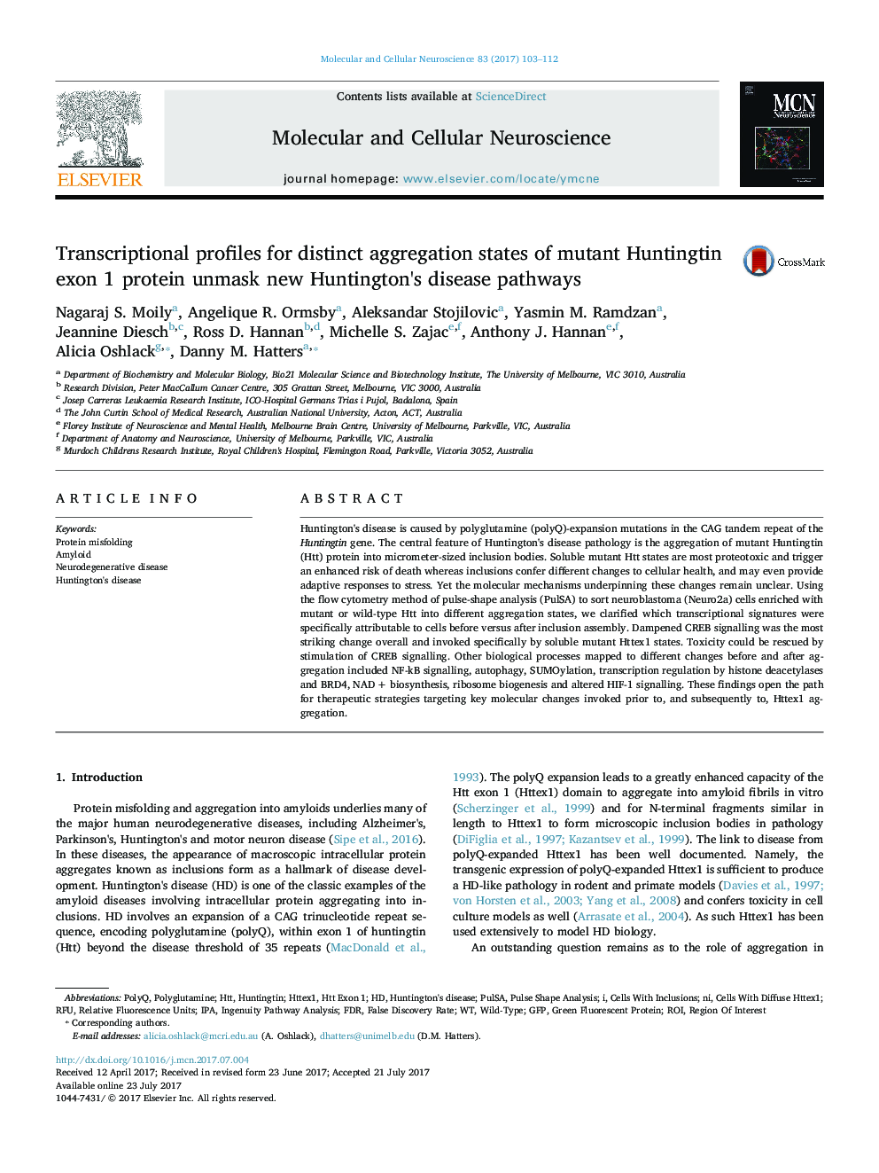 Transcriptional profiles for distinct aggregation states of mutant Huntingtin exon 1 protein unmask new Huntington's disease pathways