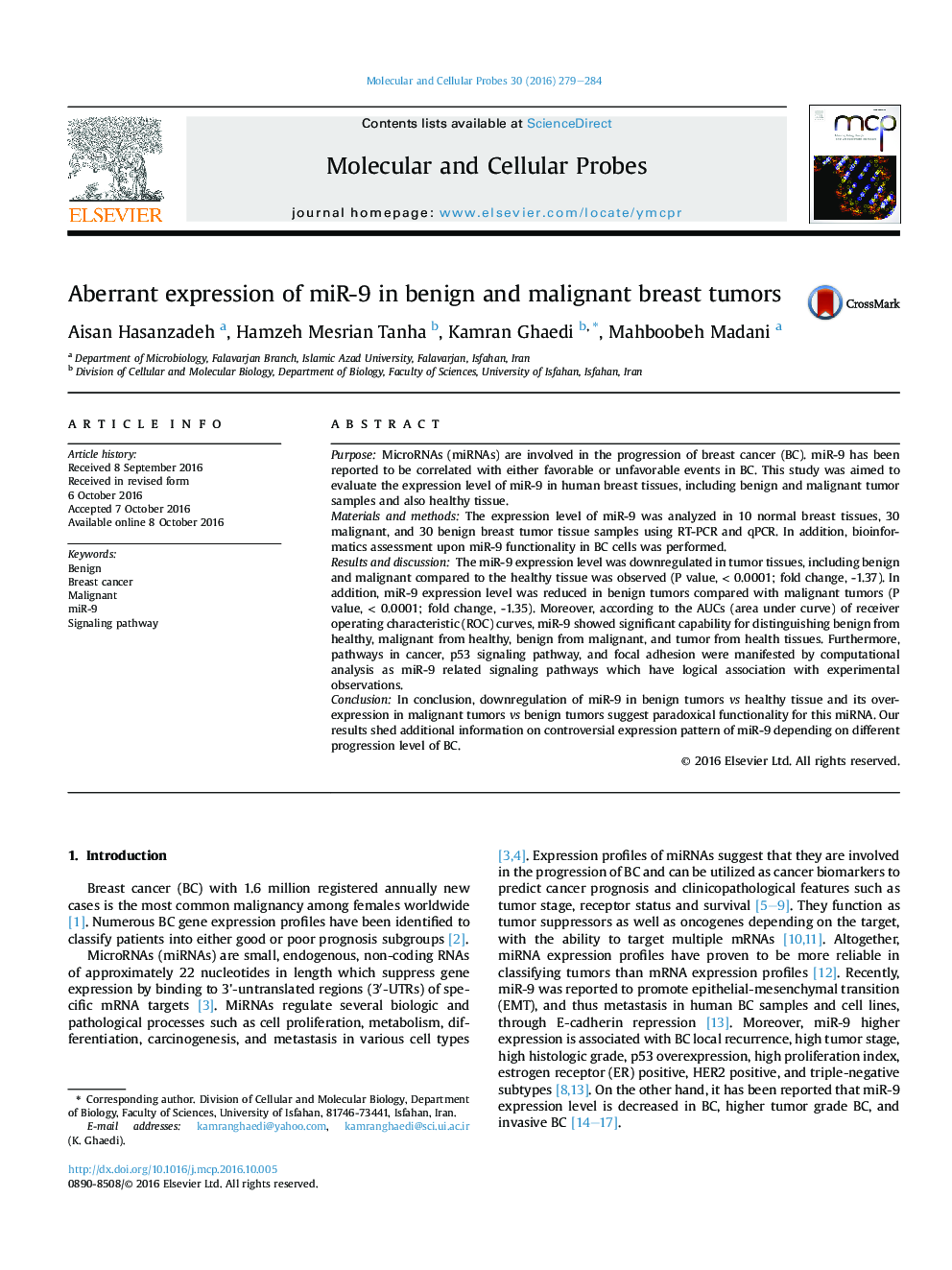 Aberrant expression of miR-9 in benign and malignant breast tumors