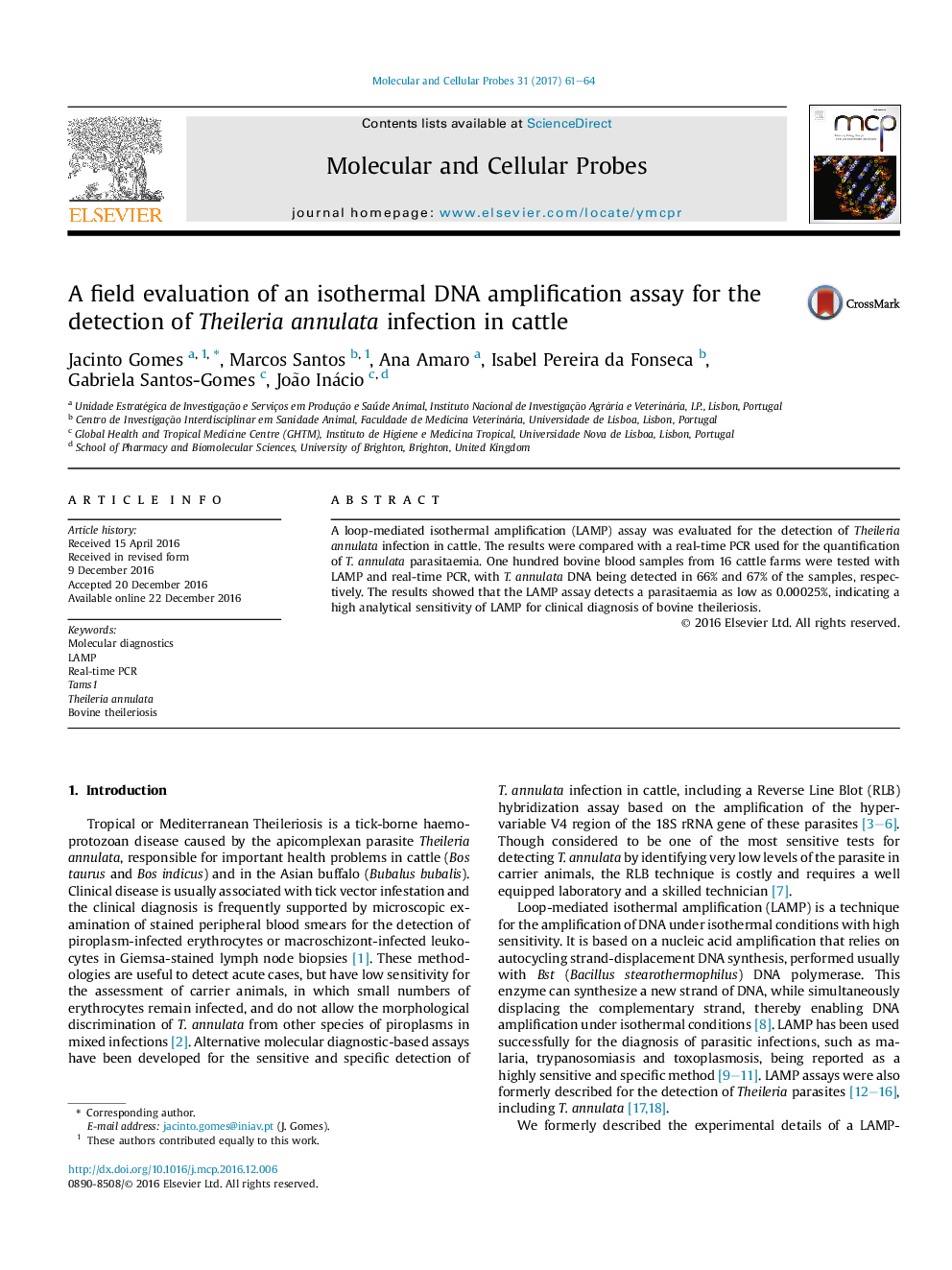 A field evaluation of an isothermal DNA amplification assay for the detection of Theileria annulata infection in cattle