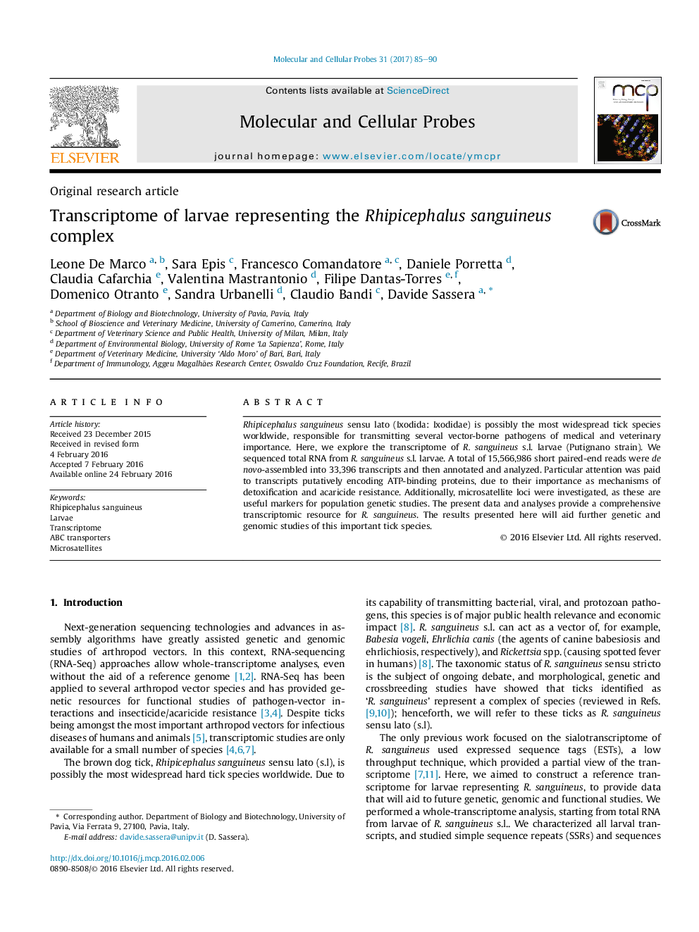 Original research articleTranscriptome of larvae representing the Rhipicephalus sanguineus complex