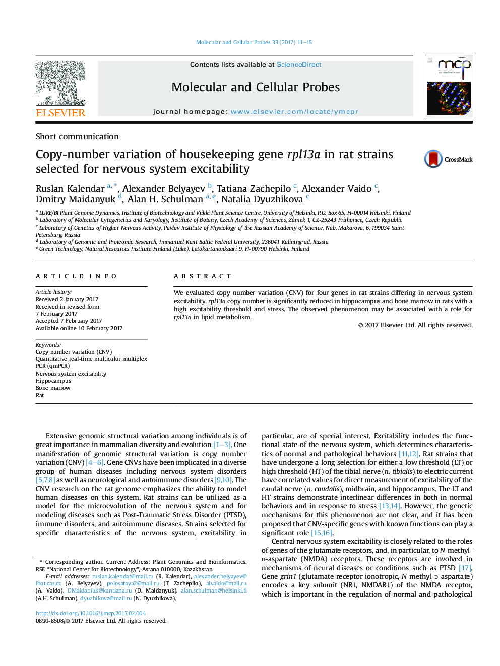 Short communicationCopy-number variation of housekeeping gene rpl13a in rat strains selected for nervous system excitability