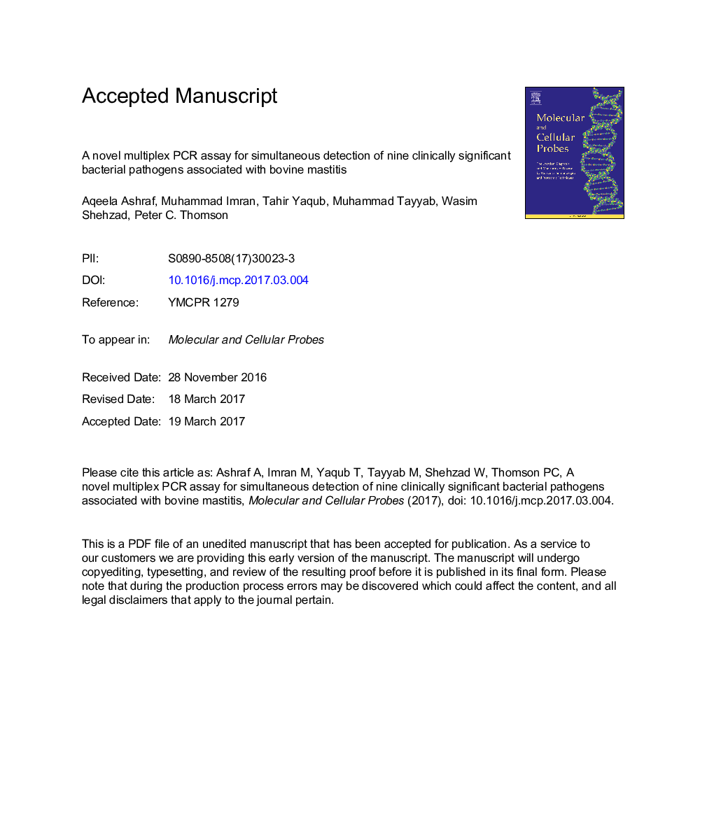 A novel multiplex PCR assay for simultaneous detection of nine clinically significant bacterial pathogens associated with bovine mastitis