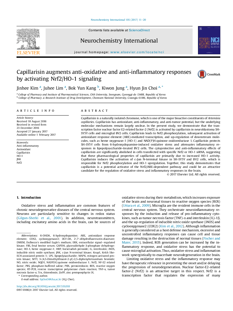 Capillarisin augments anti-oxidative and anti-inflammatory responses by activating Nrf2/HO-1 signaling