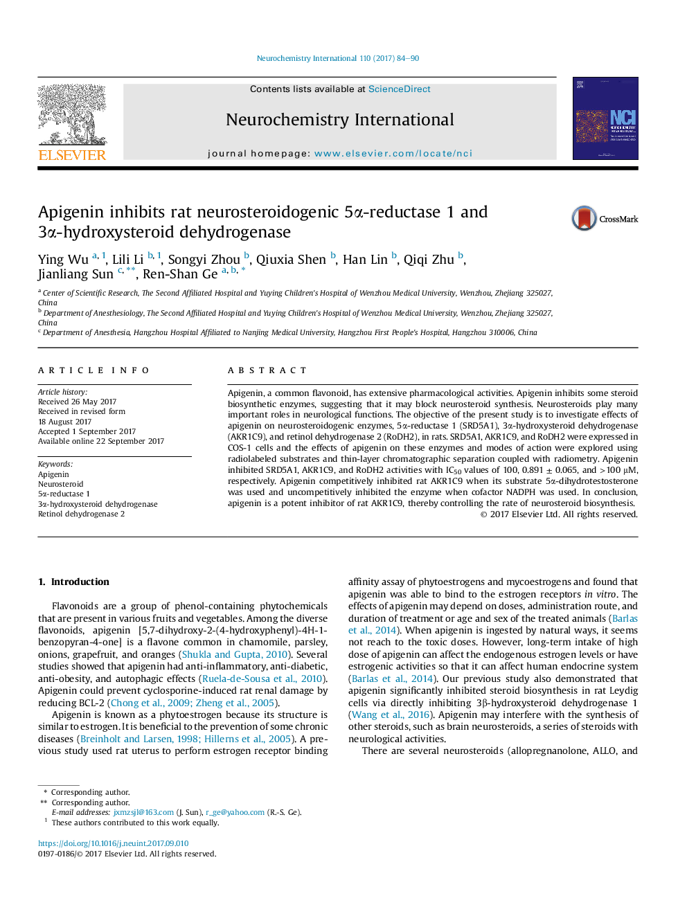 Apigenin inhibits rat neurosteroidogenic 5Î±-reductase 1 and 3Î±-hydroxysteroid dehydrogenase