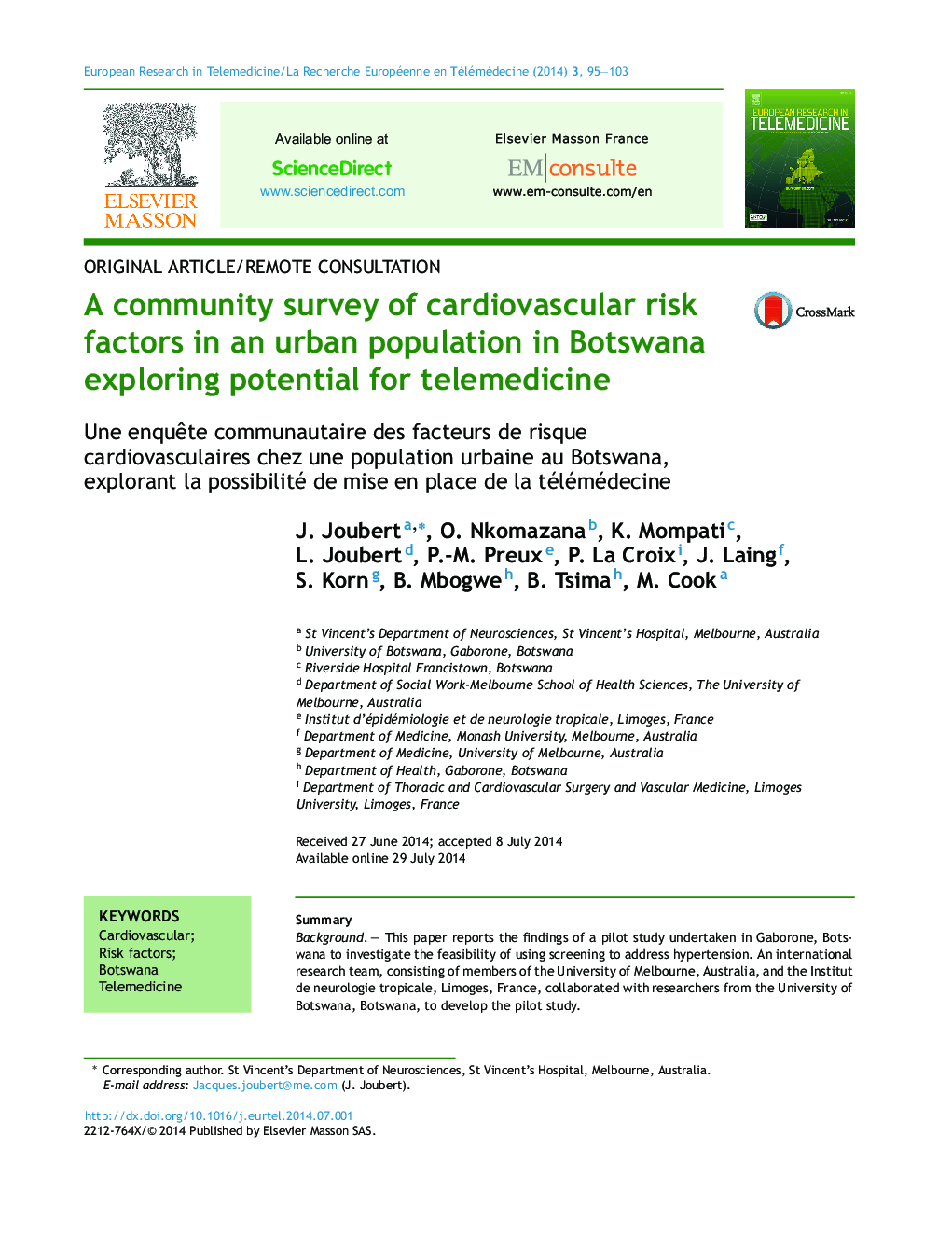 A community survey of cardiovascular risk factors in an urban population in Botswana exploring potential for telemedicine
