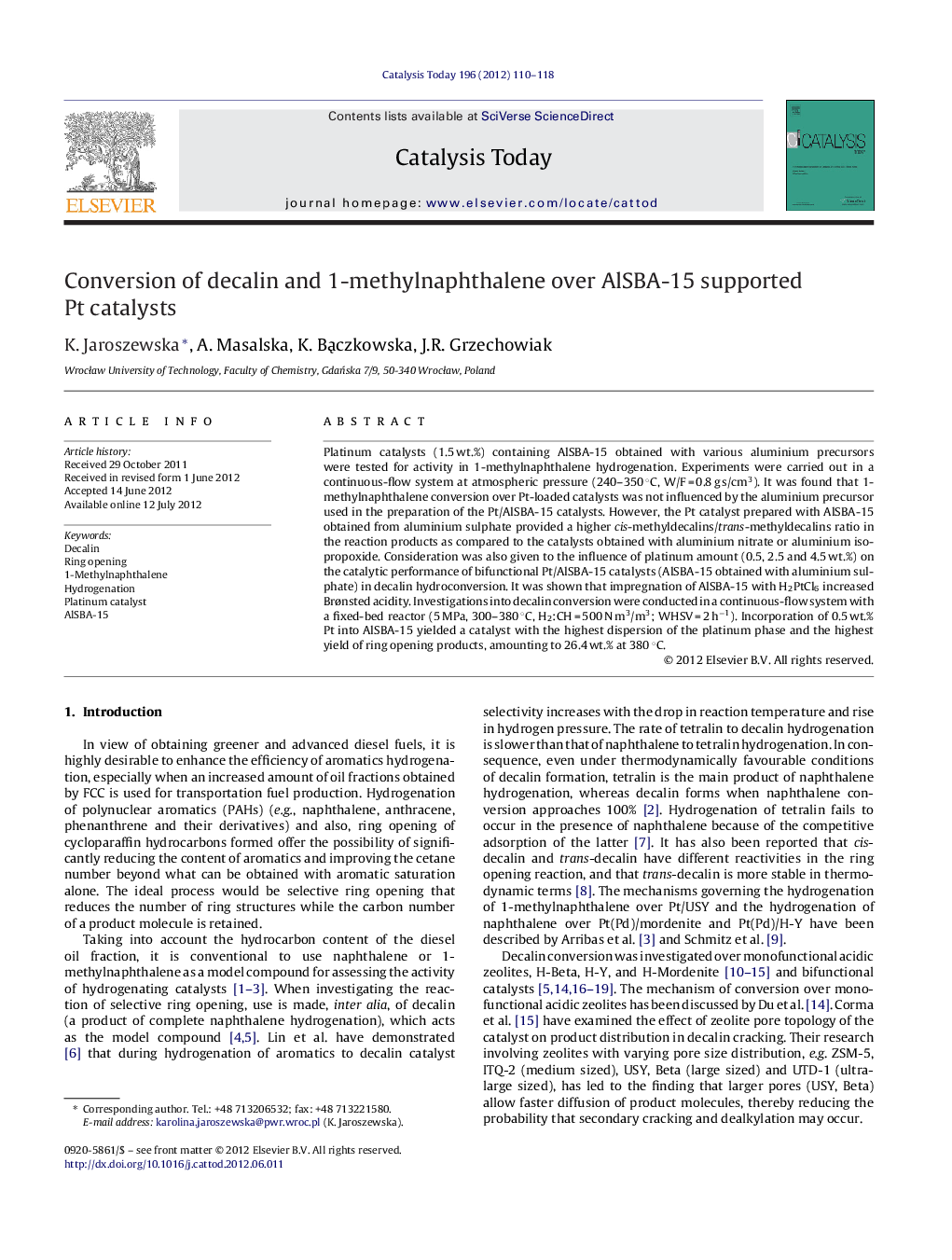 Conversion of decalin and 1-methylnaphthalene over AlSBA-15 supported Pt catalysts