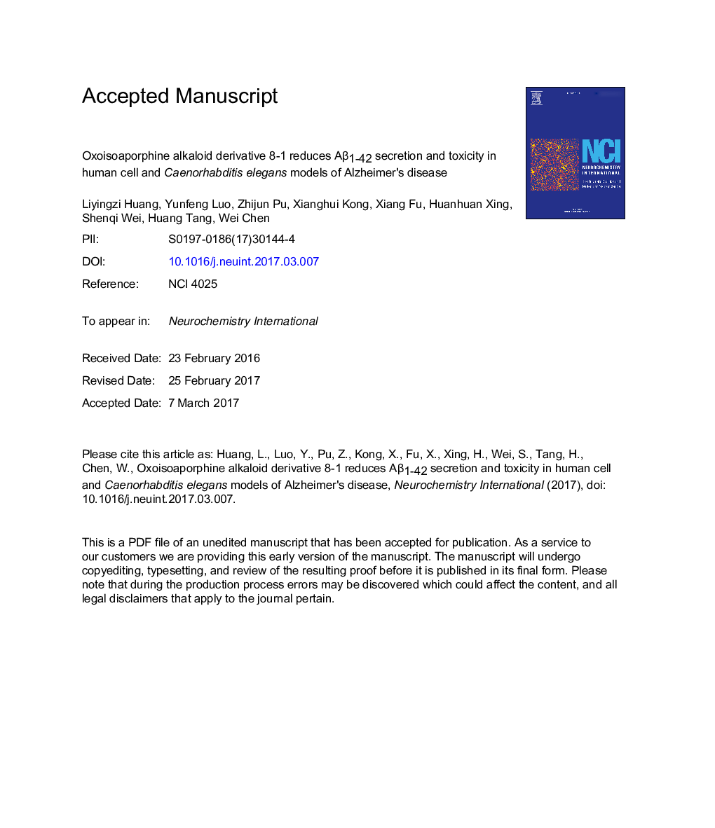 Oxoisoaporphine alkaloid derivative 8-1 reduces AÎ²1-42 secretion and toxicity in human cell and Caenorhabditis elegans models of Alzheimer's disease