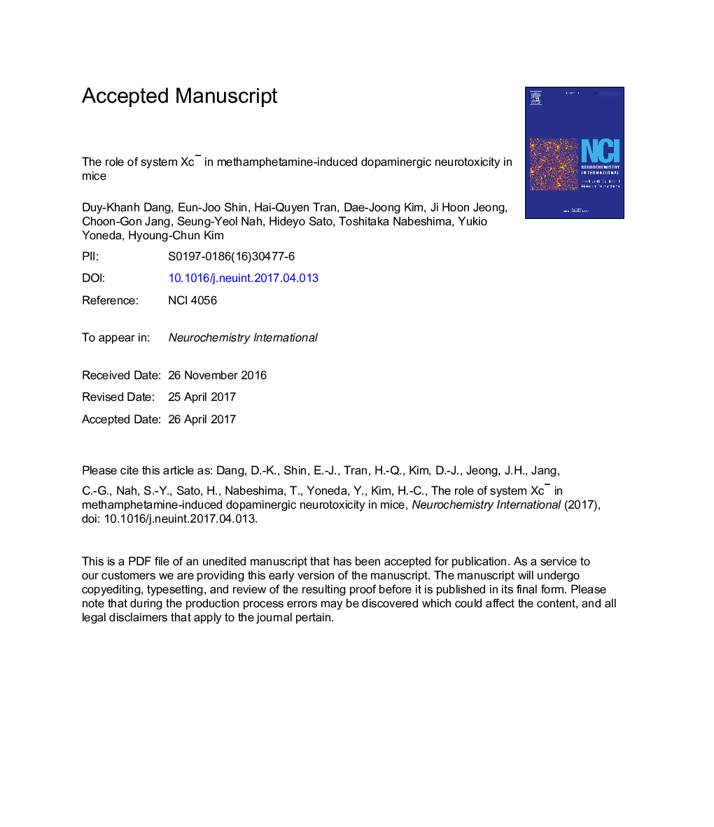 The role of system Xcâ in methamphetamine-induced dopaminergic neurotoxicity in mice