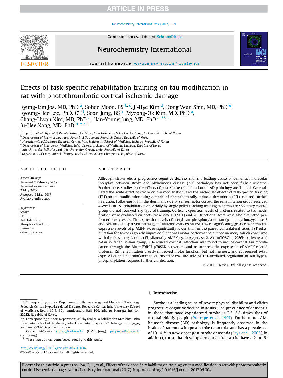 Effects of task-specific rehabilitation training on tau modification in rat with photothrombotic cortical ischemic damage