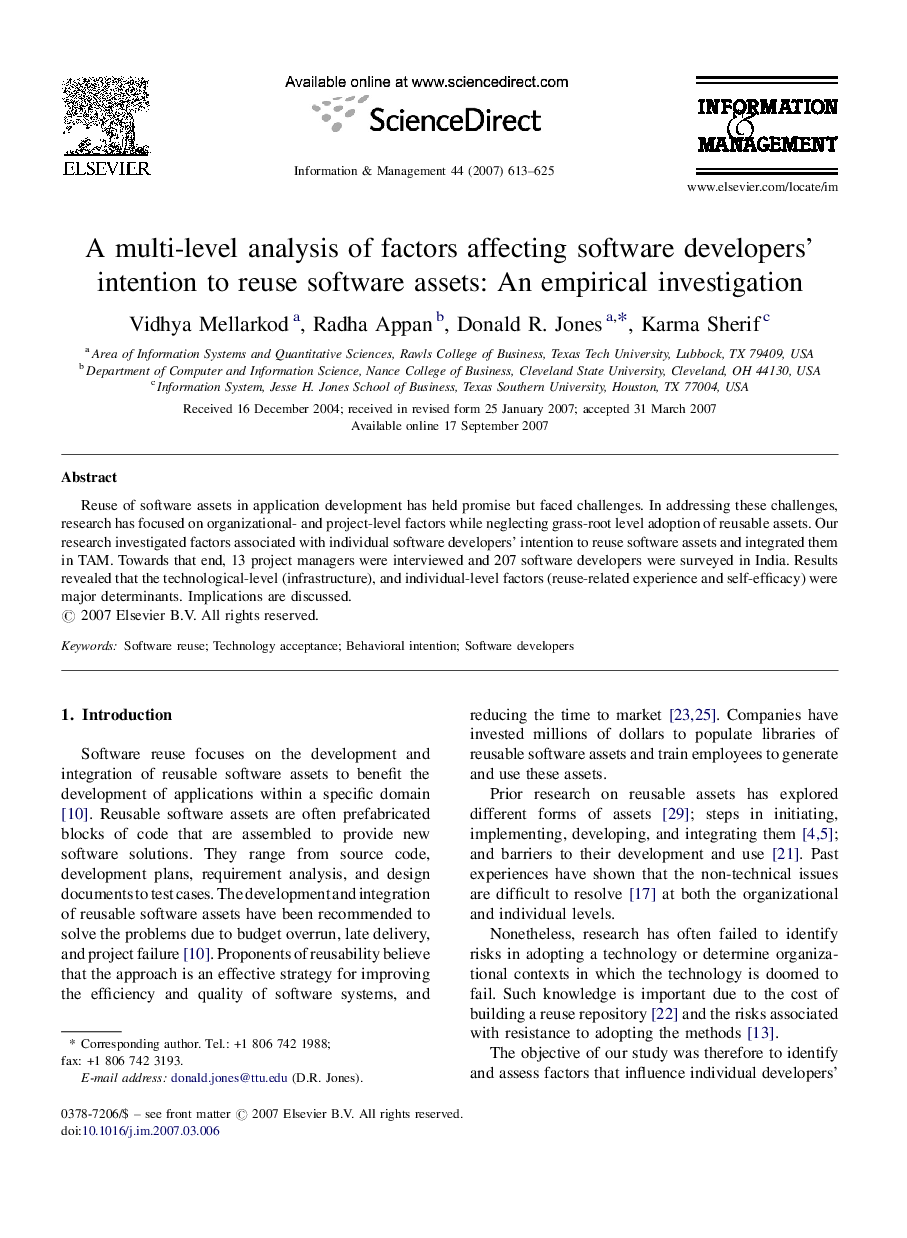 A multi-level analysis of factors affecting software developers’ intention to reuse software assets: An empirical investigation