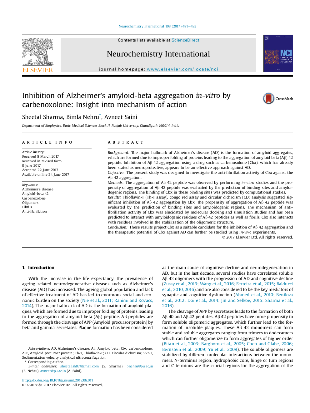 Inhibition of Alzheimer's amyloid-beta aggregation in-vitro by carbenoxolone: Insight into mechanism of action