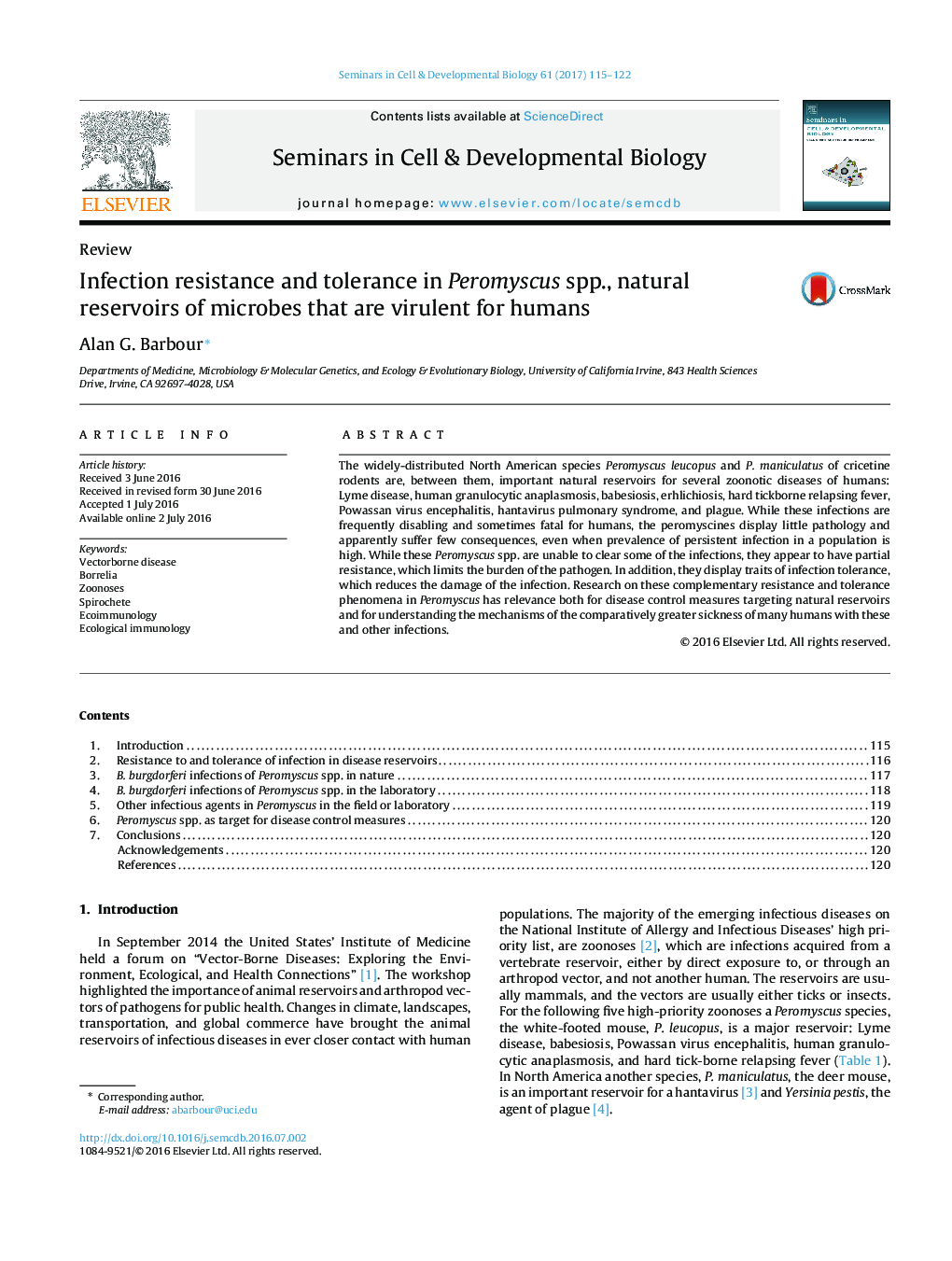 ReviewInfection resistance and tolerance in Peromyscus spp., natural reservoirs of microbes that are virulent for humans