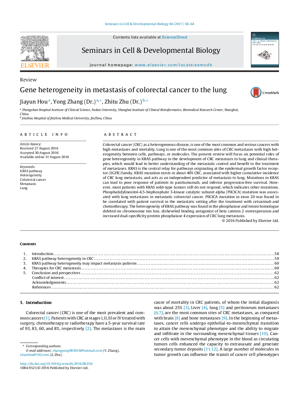 ReviewGene heterogeneity in metastasis of colorectal cancer to the lung