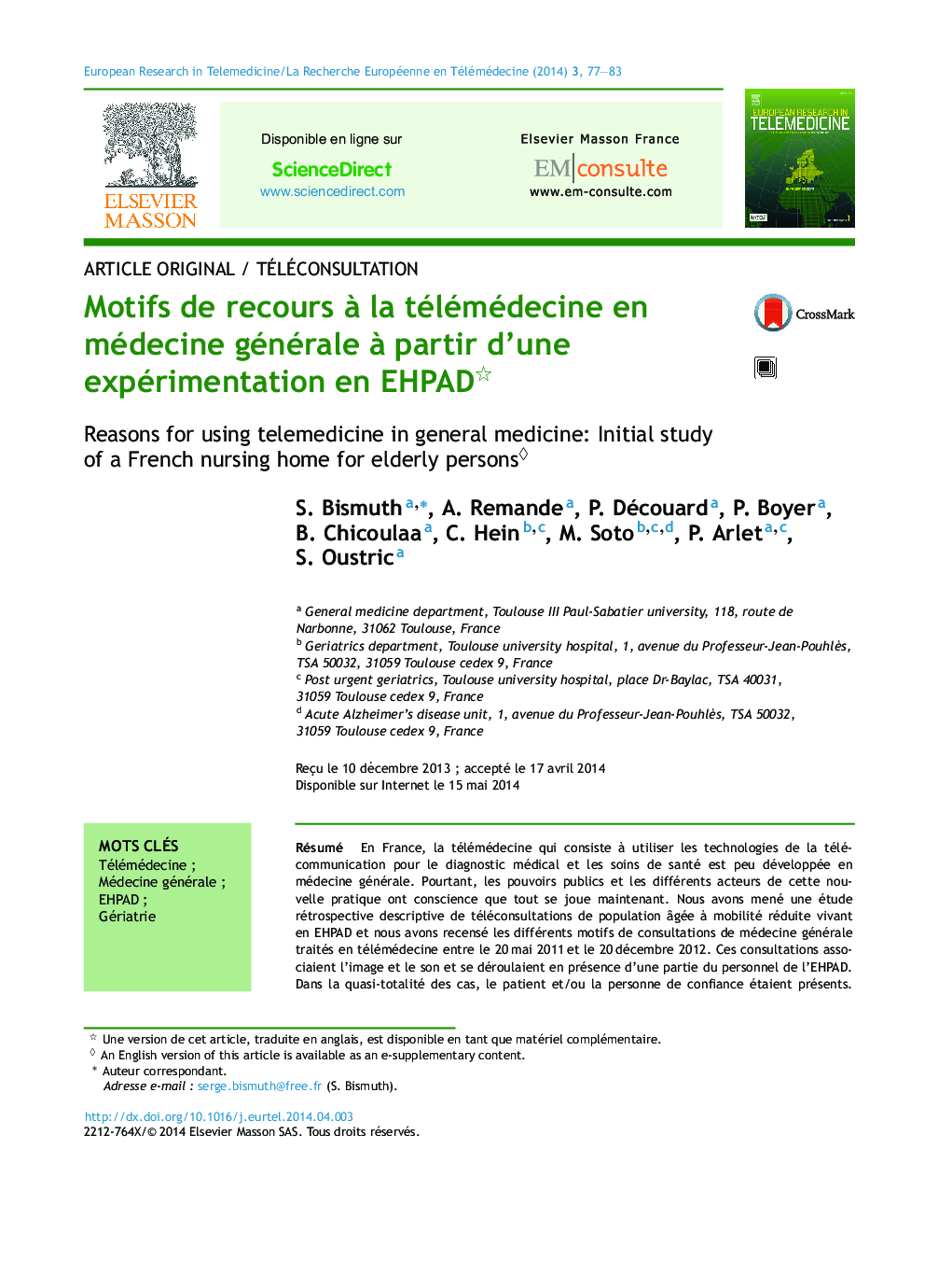 عکس صفحه اول مقاله: Motifs de recours à la télémédecine en médecine générale à partir d’une expérimentation en EHPAD ◊ Motifs de recours à la télémédecine en médecine générale à partir d’une expérimentation en EHPAD ◊