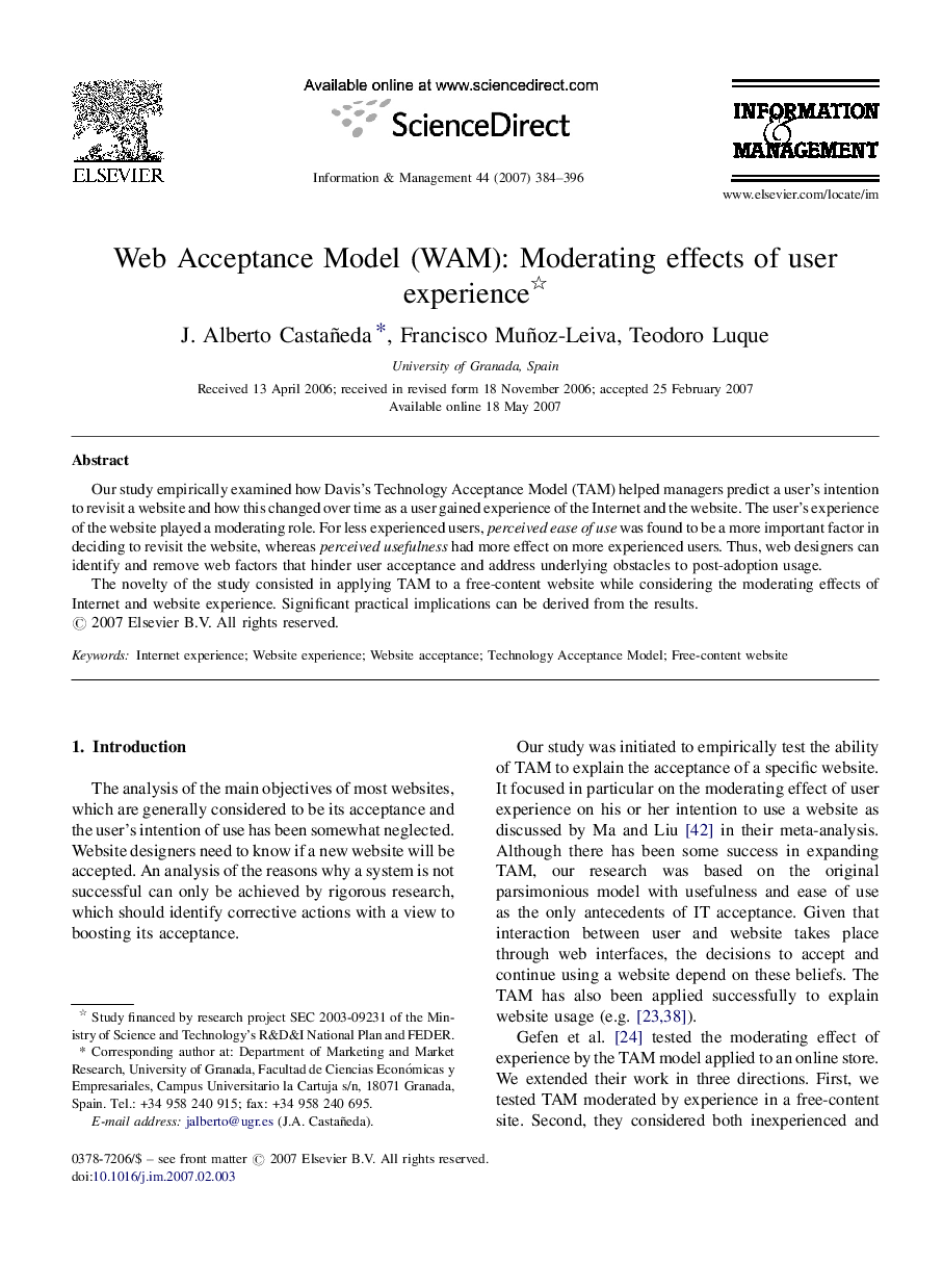 Web Acceptance Model (WAM): Moderating effects of user experience 