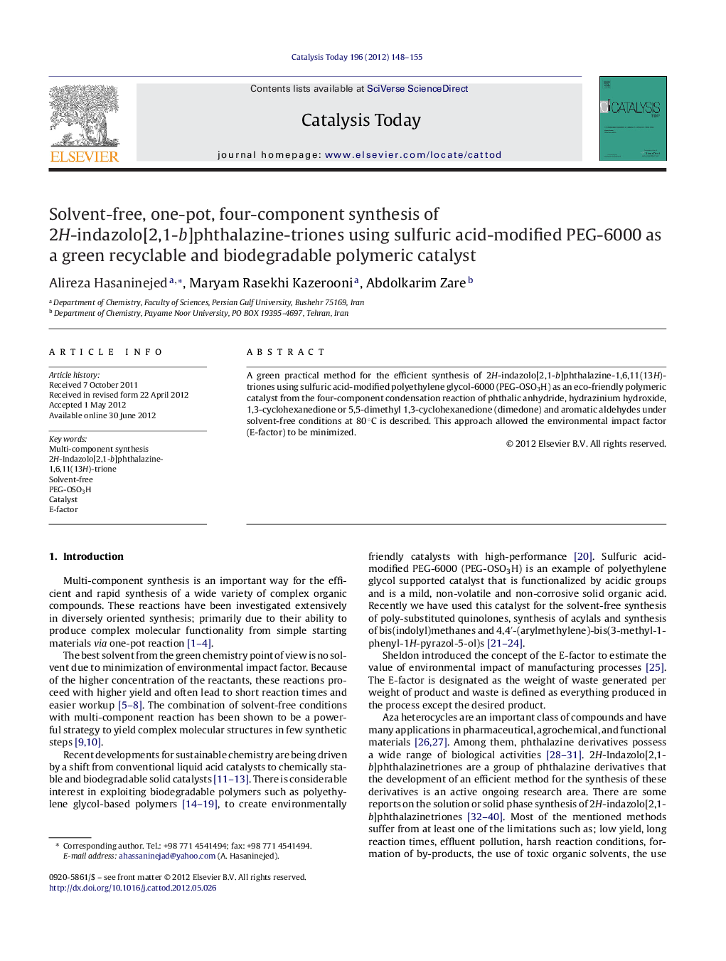 Solvent-free, one-pot, four-component synthesis of 2H-indazolo[2,1-b]phthalazine-triones using sulfuric acid-modified PEG-6000 as a green recyclable and biodegradable polymeric catalyst