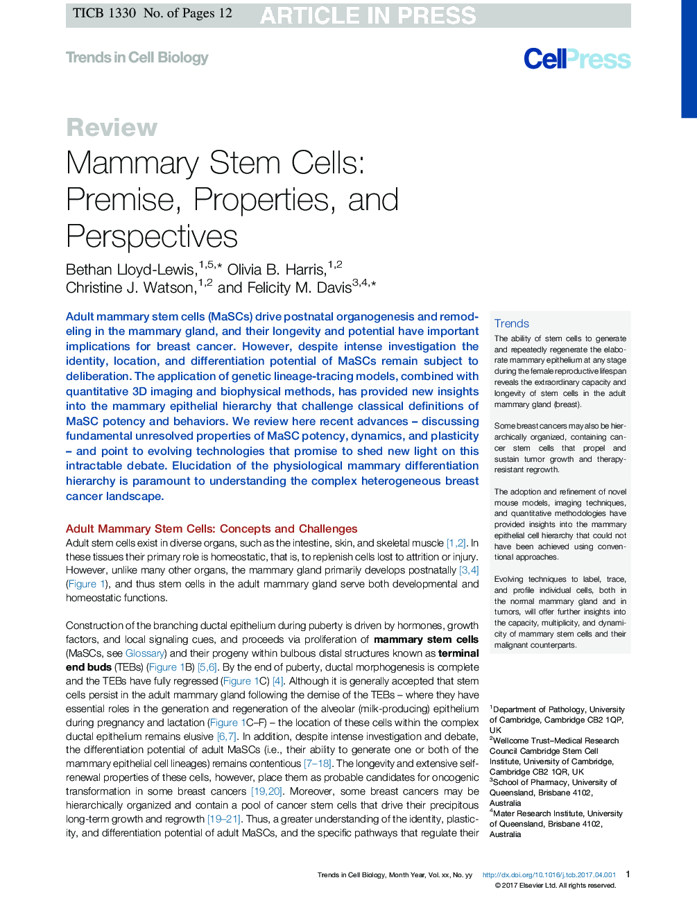 Mammary Stem Cells: Premise, Properties, and Perspectives