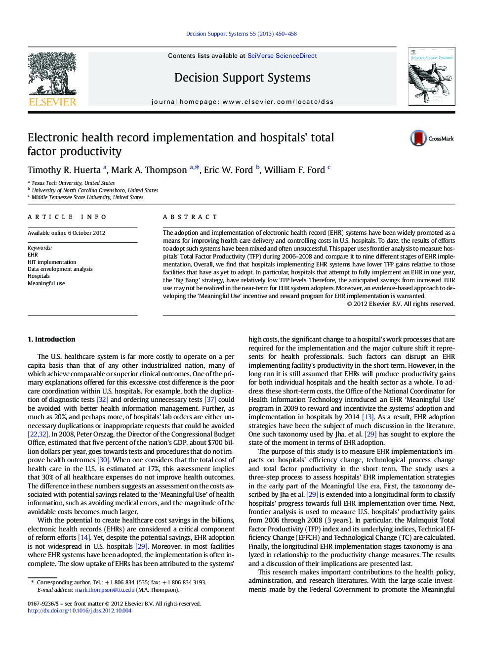 Electronic health record implementation and hospitals' total factor productivity