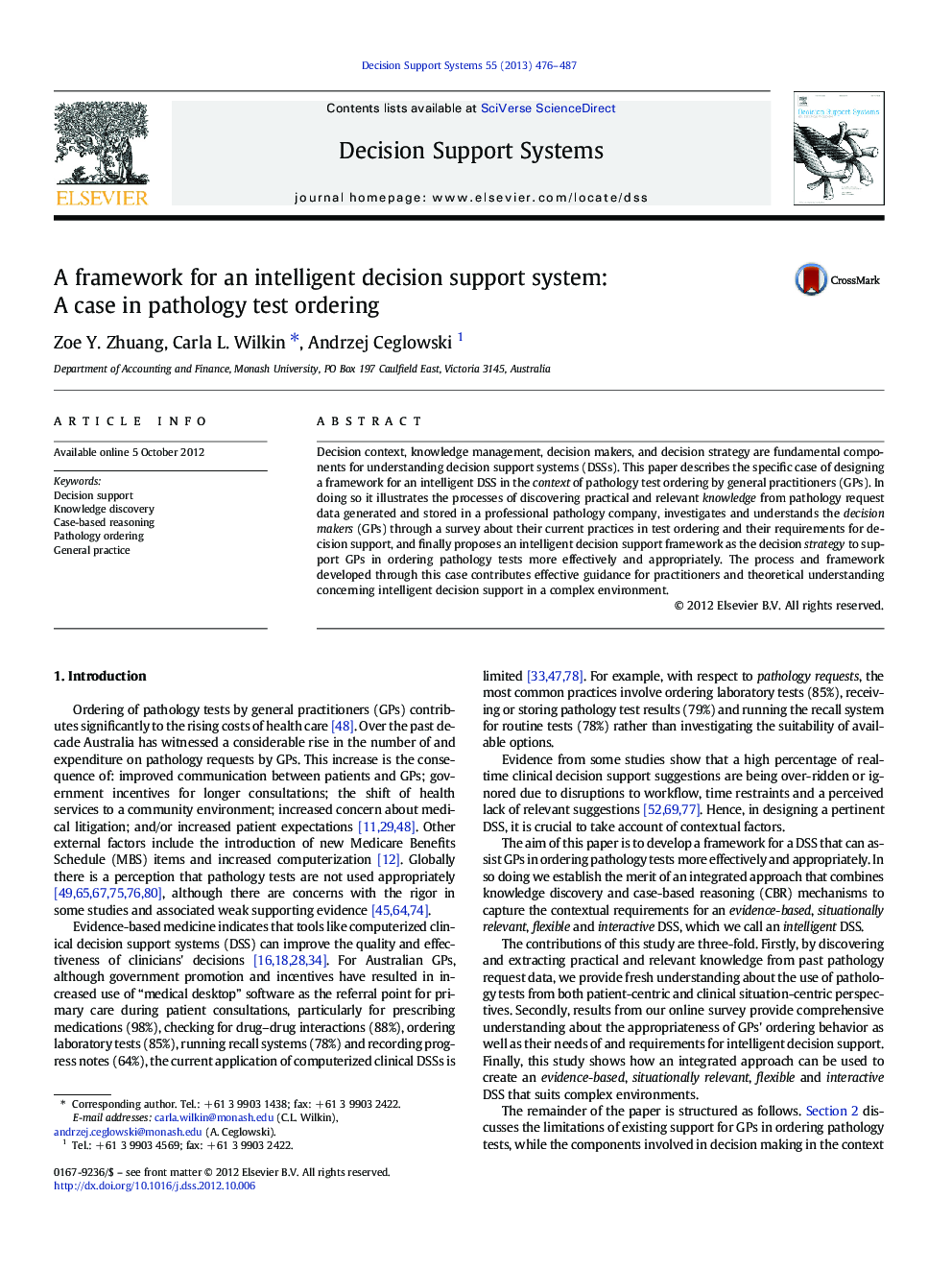 A framework for an intelligent decision support system: A case in pathology test ordering