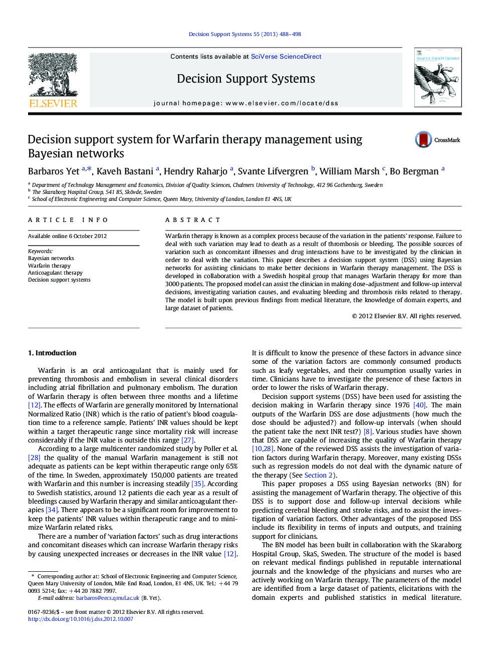Decision support system for Warfarin therapy management using Bayesian networks
