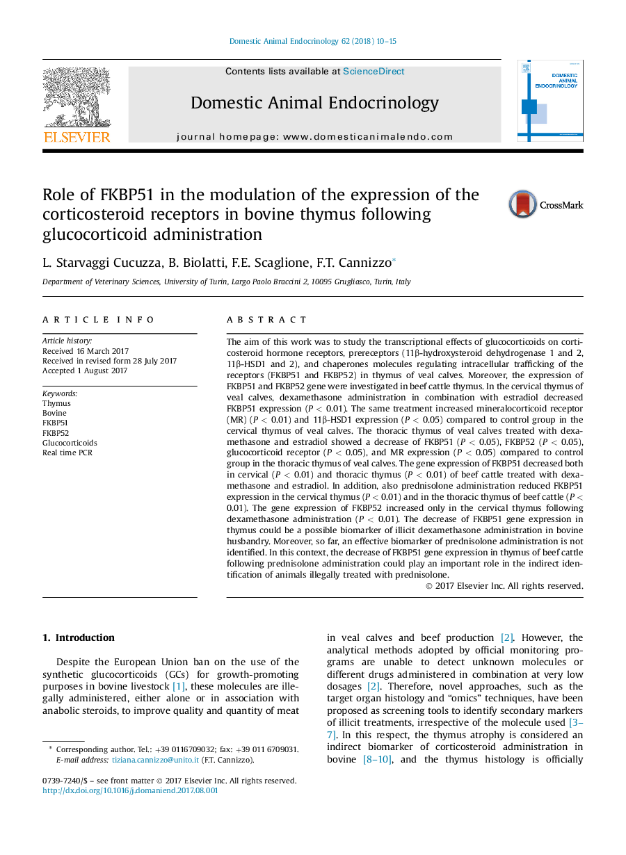 Role of FKBP51 in the modulation of the expression of the corticosteroid receptors in bovine thymus following glucocorticoid administration