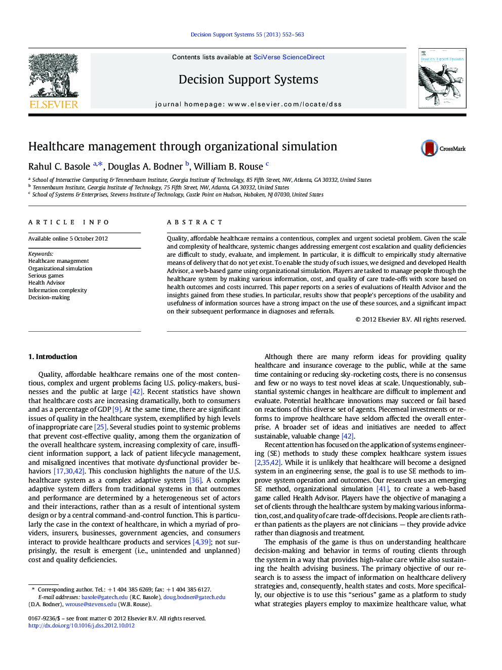 Healthcare management through organizational simulation