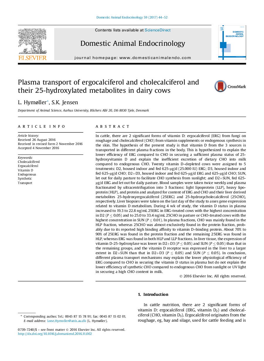 عکس صفحه اول مقاله: Plasma transport of ergocalciferol and cholecalciferol and their 25-hydroxylated metabolites in dairy cows Plasma transport of ergocalciferol and cholecalciferol and their 25-hydroxylated metabolites in dairy cows