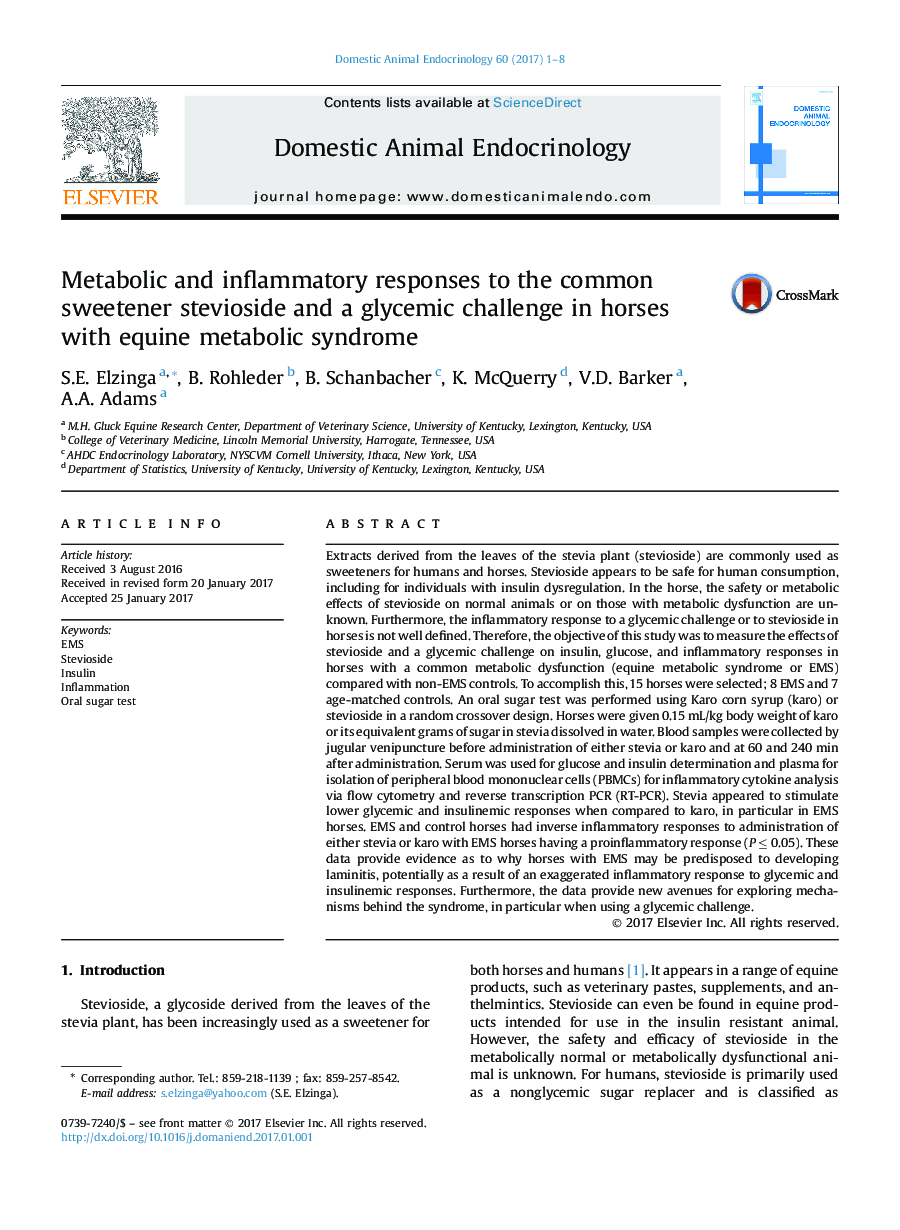 Metabolic and inflammatory responses to the common sweetener stevioside and a glycemic challenge in horses with equine metabolic syndrome