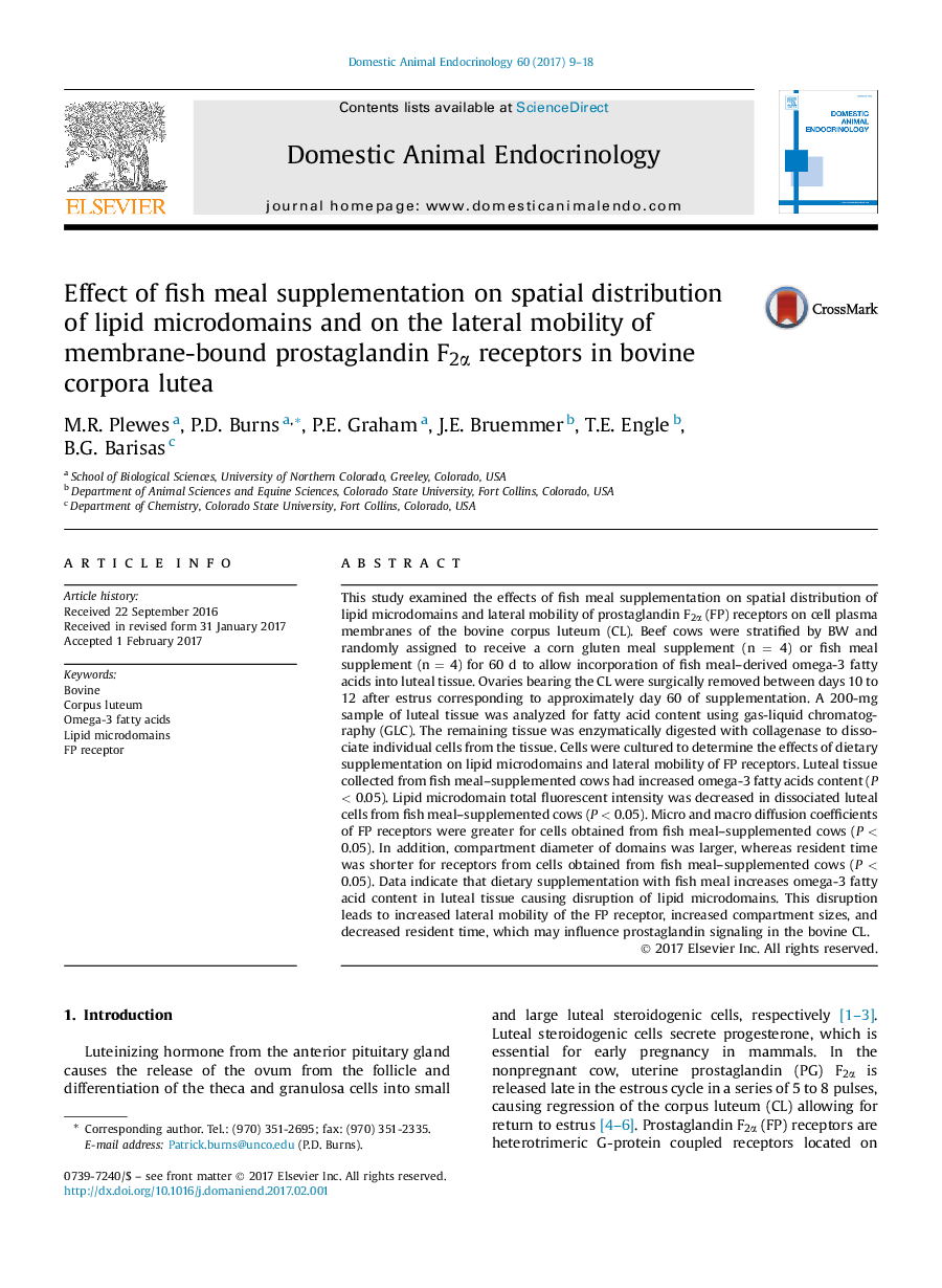 Effect of fish meal supplementation on spatial distribution of lipid microdomains and on the lateral mobility of membrane-bound prostaglandin F2Î± receptors in bovine corpora lutea