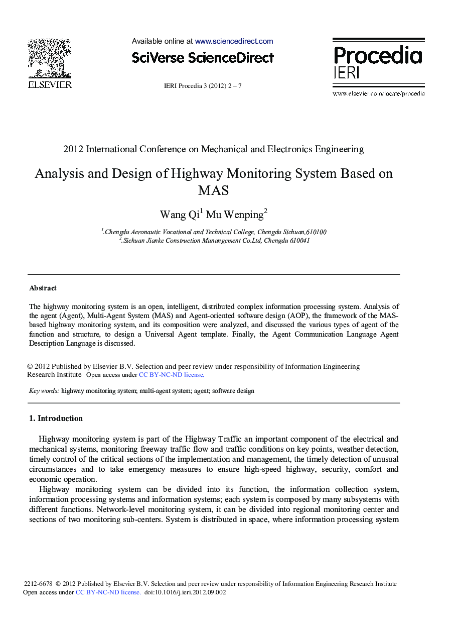 Analysis and Design of Highway Monitoring System Based on MAS