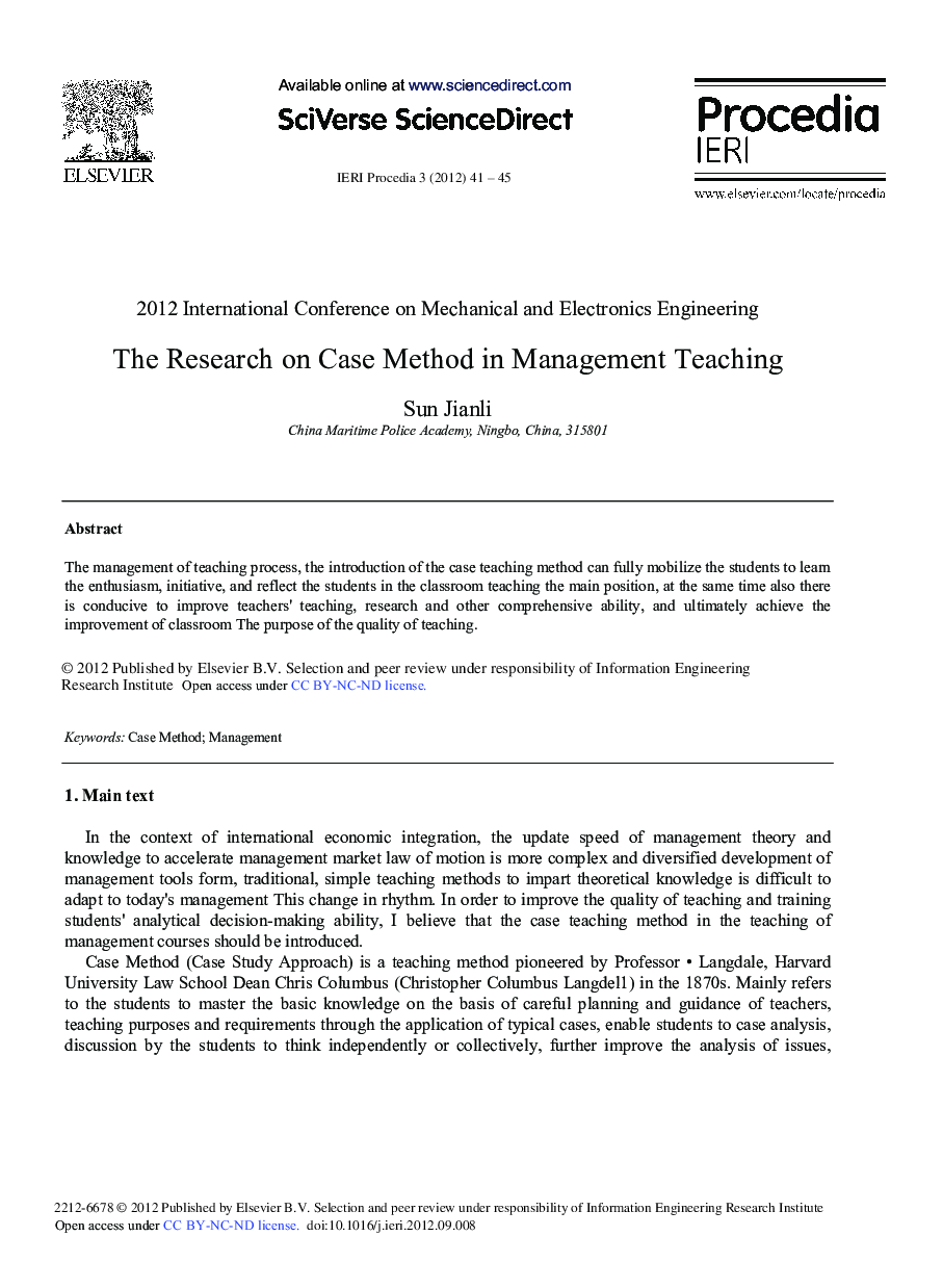 The Research on Case Method in Management Teaching